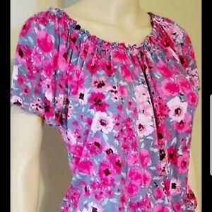 WANTED Pink Gray floral print smocked waist top